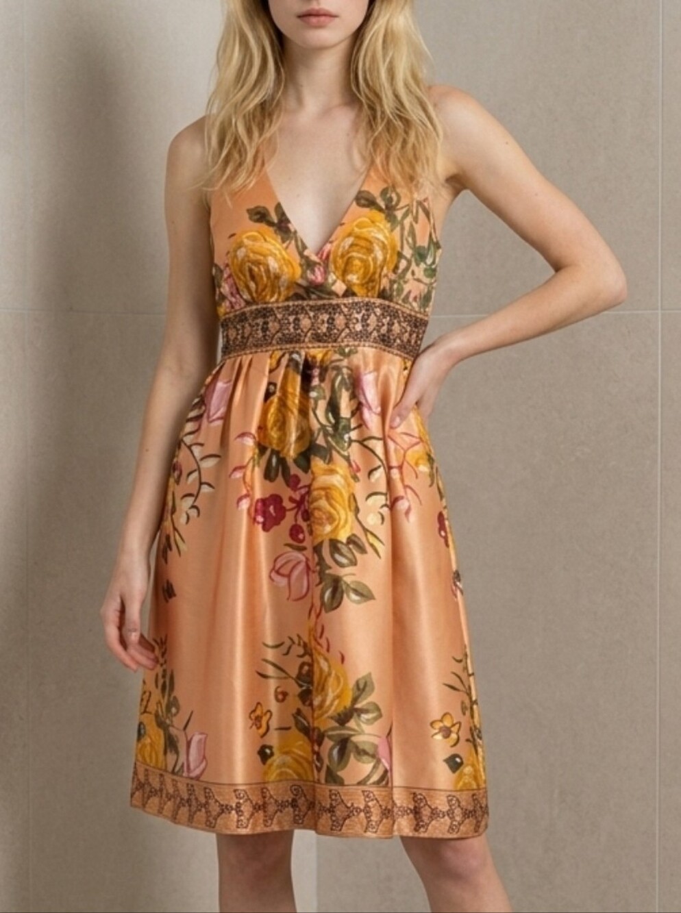 Forever 21 Peach Midi Dress with Yellow Rose Print